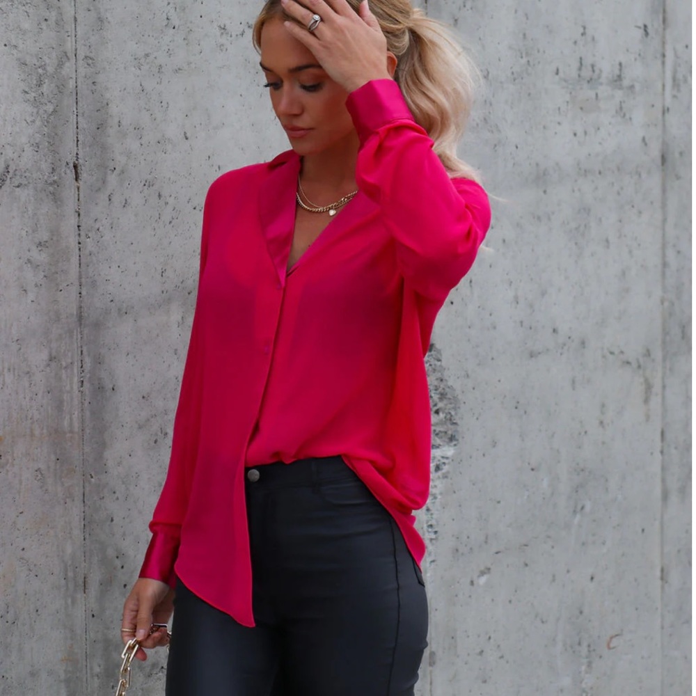 Chiffon Blouse with Satin Trim Magenta